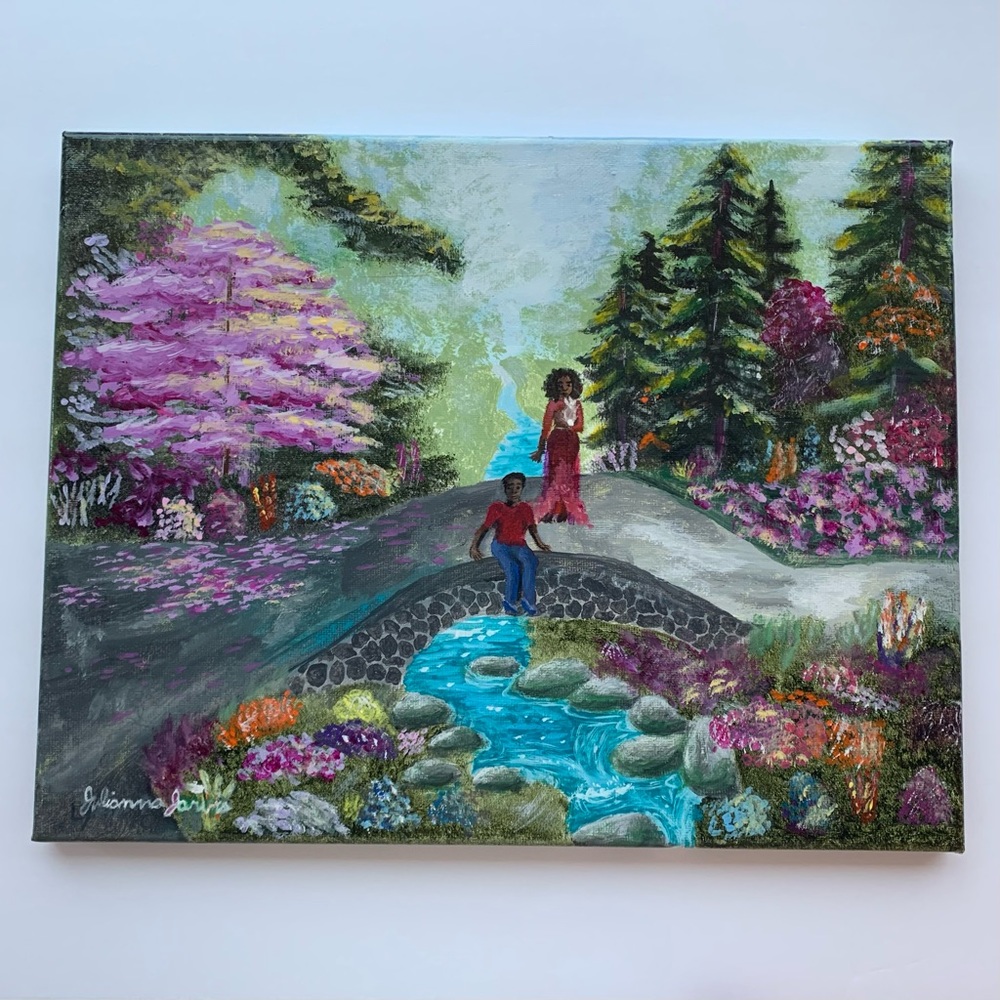Original magical Garden painting colourful gloss varnished people bridge bunny